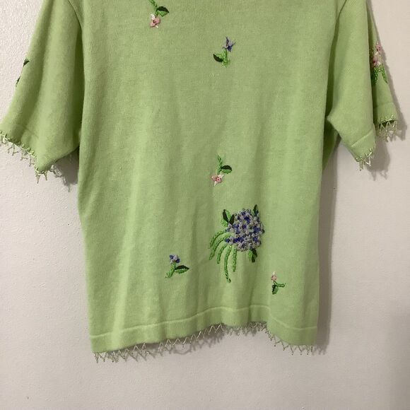 Vintage 90s Green Fairy Granny Cottagecore Grandma Wearable Art Knit Cardigan L - Picture 7 of 8